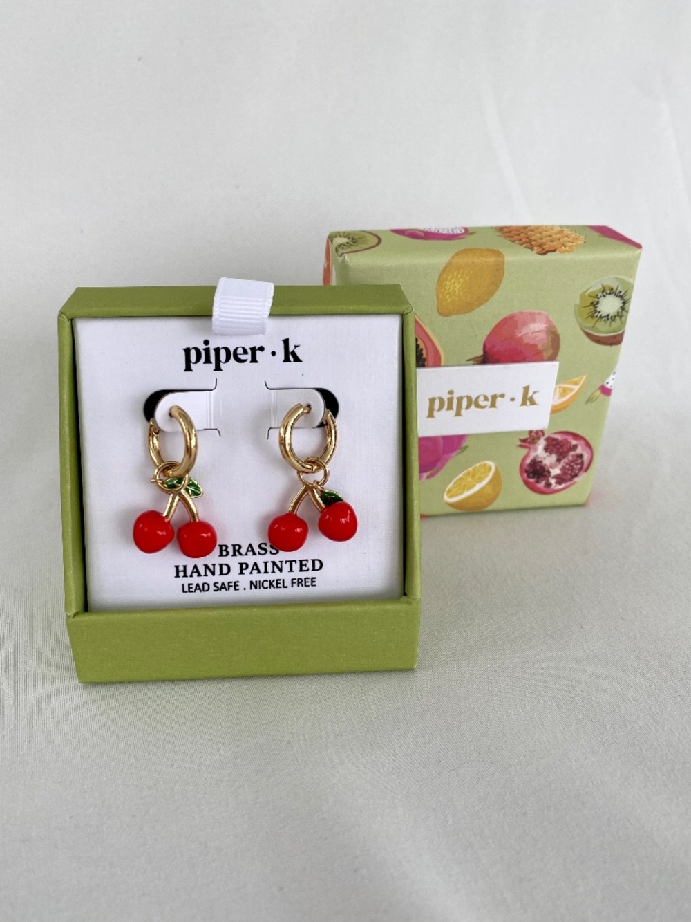 Piper K Hand Painted Brass Cherry Hoop Earrings NWT